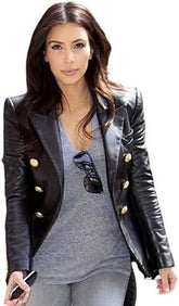 Dual Breasted Open Front Pea Leather Coat for Women with Gold Button - MNCLeather